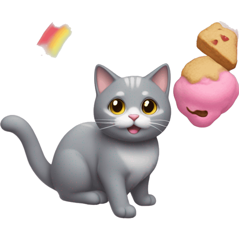 A gray cat with a happy face. Its body is a pink frosted cookie with paws sticking out. A rainbow trail follows behind, showing it's flying through space emoji