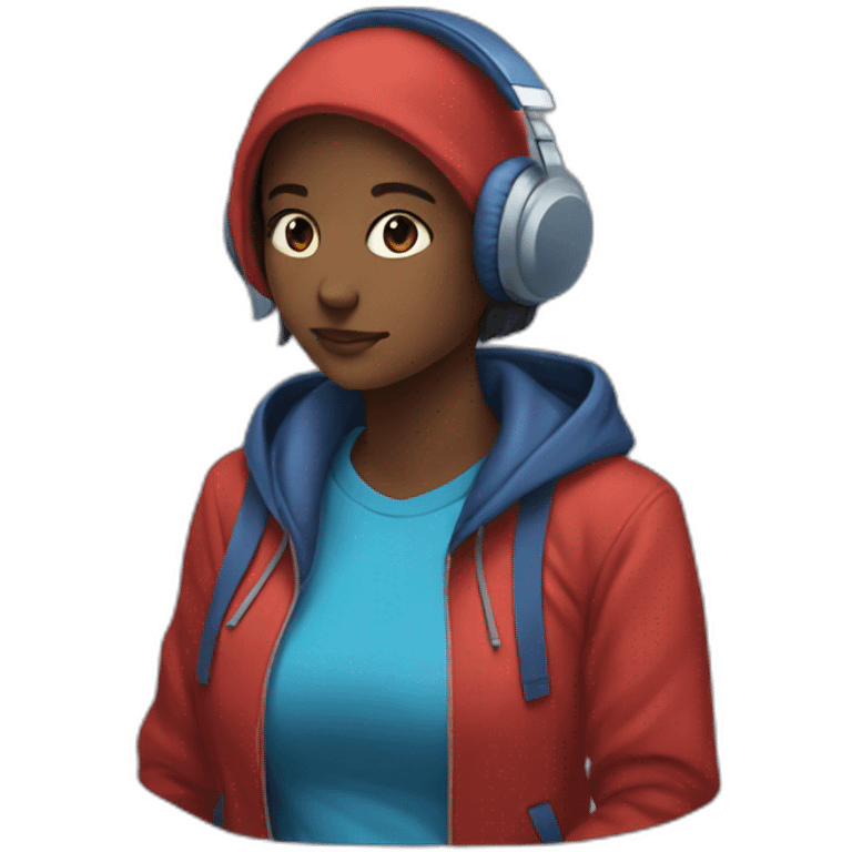 Lo-fi girl studing headphones, blue jacket, red hoodie emoji