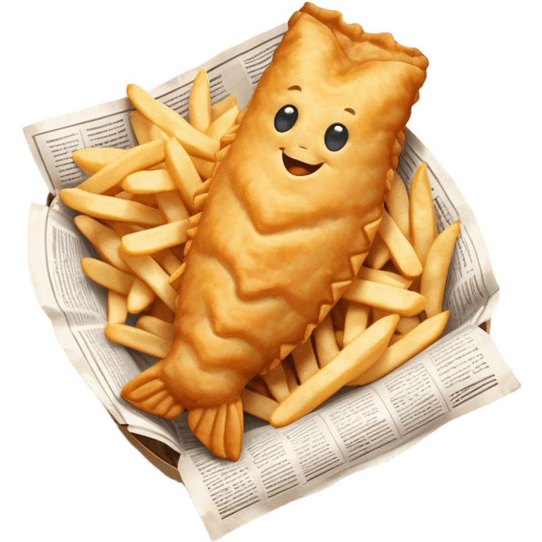 Fish and Chips Cinematic Realistic Fish and Chips Dish Emoji, depicted as a crispy battered fish fillet and golden chips served in traditional newspaper wrapping, rendered with lifelike textures and warm natural lighting that captures its iconic British street food charm  . emoji