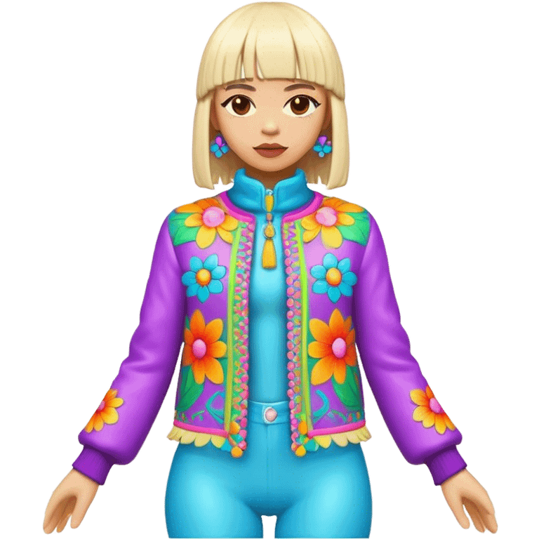 3D, psychedelic colored hippie wearing hip huggers and a fringed jacket with flower border emoji