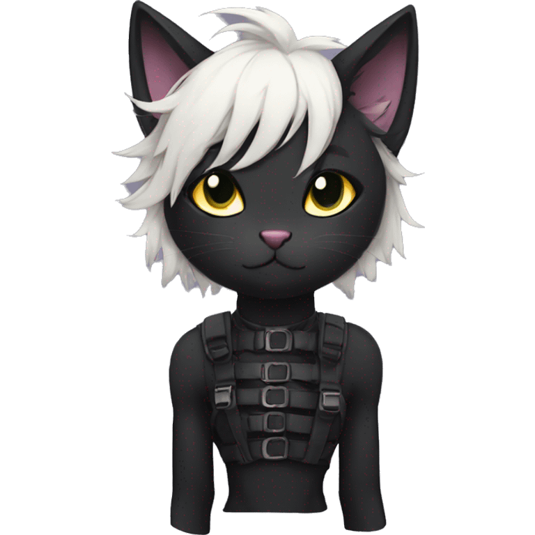 Anthro Beautiful Black Cat-Fursona-Fakemon with Emo Hair-bangs with Chest Harness emoji