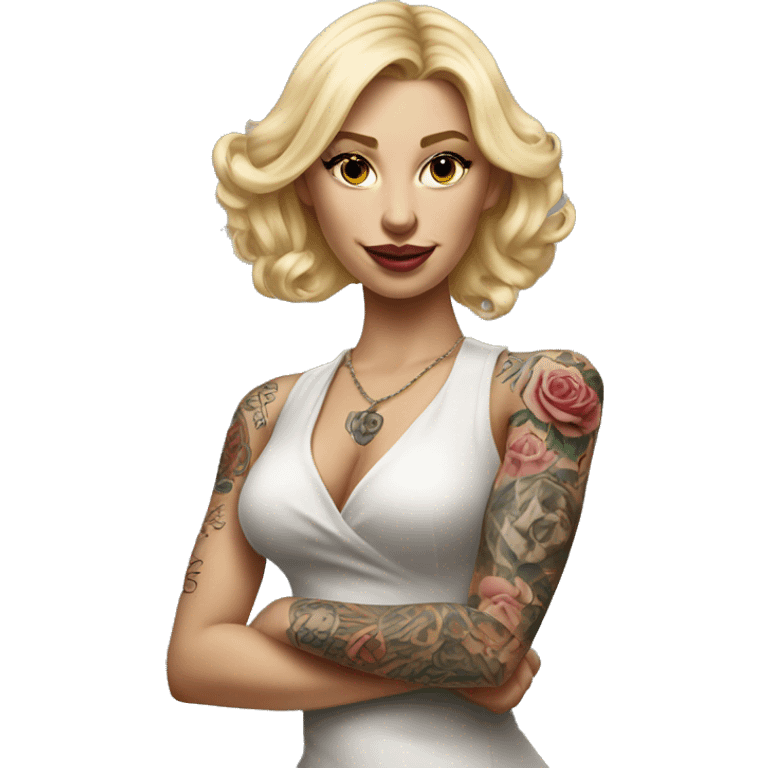 Blonde elegant women, her Body Covered with Tattoos, POINTING to YOU FORWARD with her ONE HAND , Hyper realistic emoji