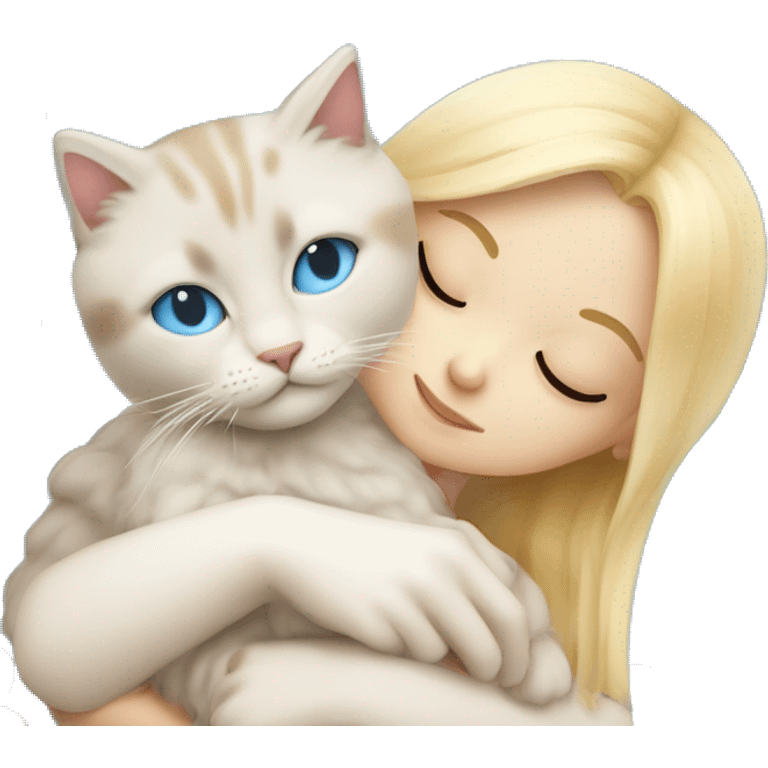 Young blonde beautiful sleeping girl hug ragdoll cat with blue eyes  emoji