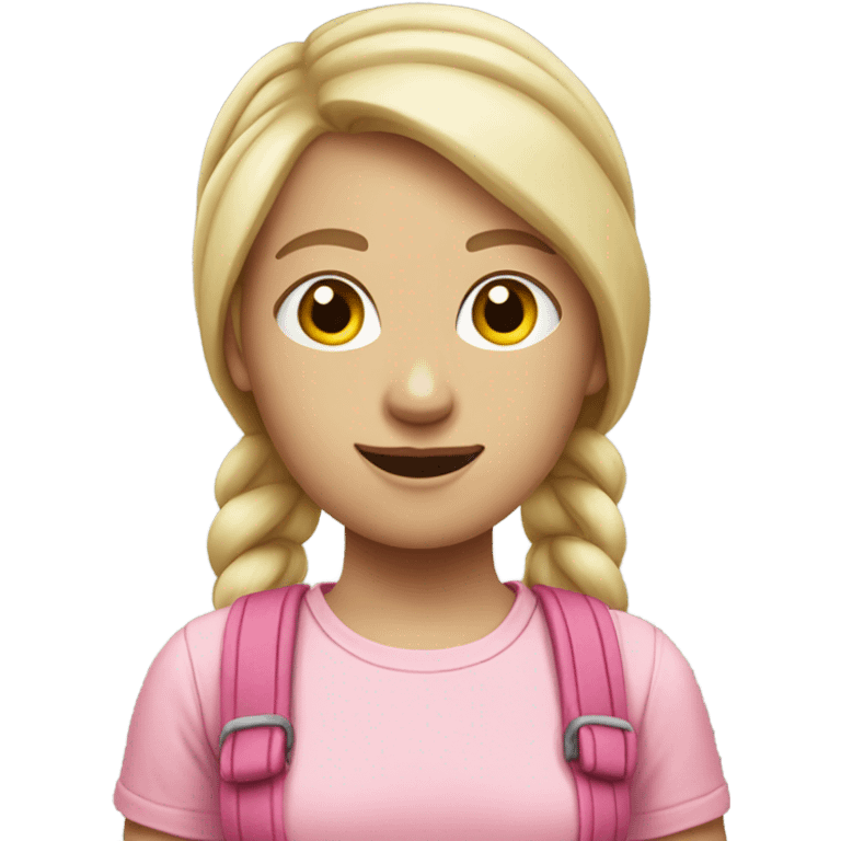 A pale white woman with hair in pony tail wearing pink headband on head, pink t shirt and overalls  emoji