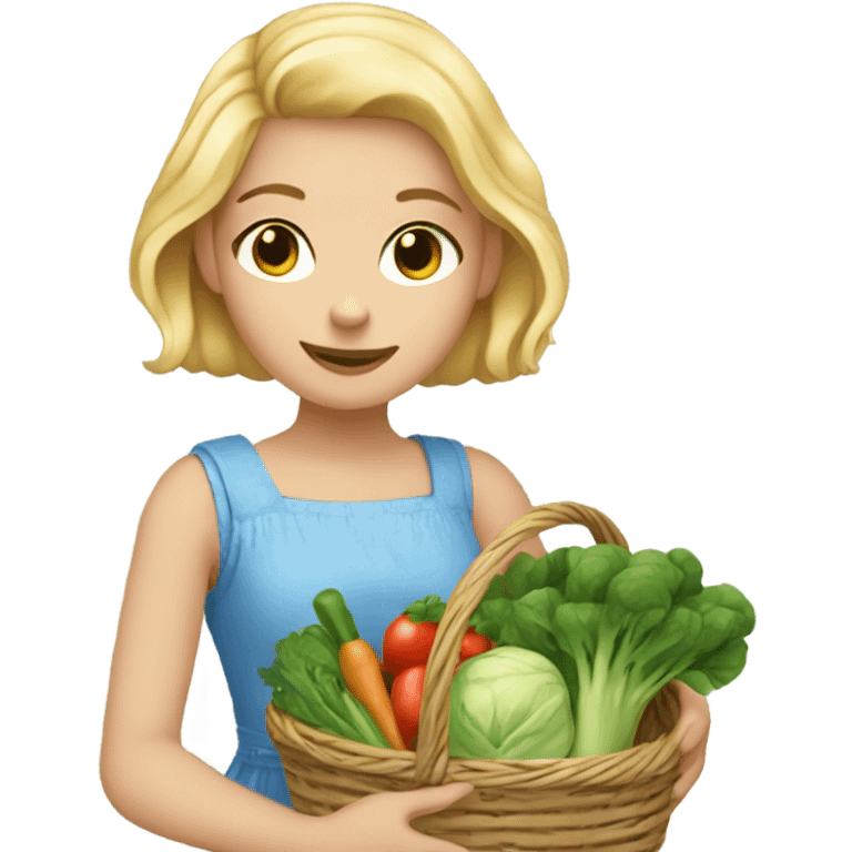 Girl with blonde hair and blue eyes wearing a sleeveless sundress and carrying two baskets of vegetables and greens emoji