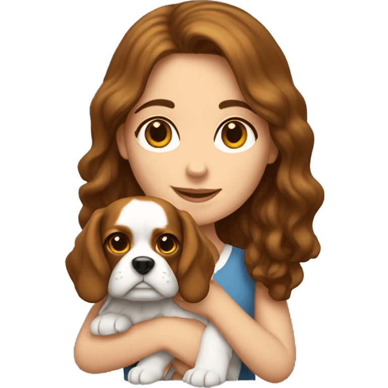 white brunette girl holding a king charles dog emoji