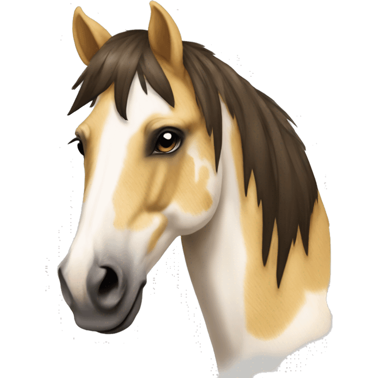 Scruffy scarred scratched Piebald tricolor palomino yellow brown horse with dark brown spots running emoji