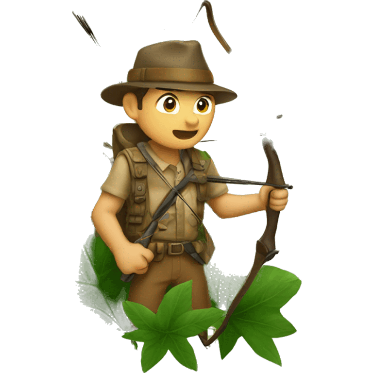 Hunter with a bow looking at an animal hiding behind leaves emoji