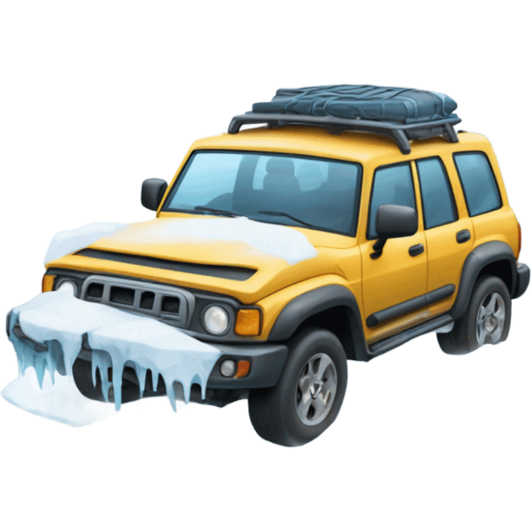 An adventurous car in an icy tundra setting, with snow and ice all around, highlighting the ability to conquer extreme and inhospitable terrains. emoji