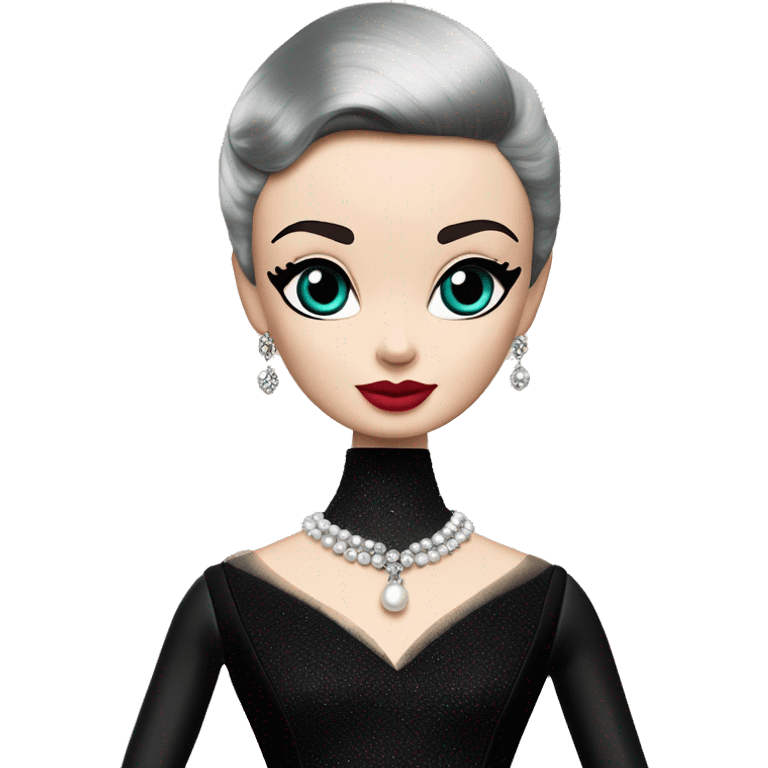 Teen Audrey Hepburn as Sabrina Barbie.Morticia Addams. Show full body. Embroidered long black gown jewelry gloves pearl earrings  emoji