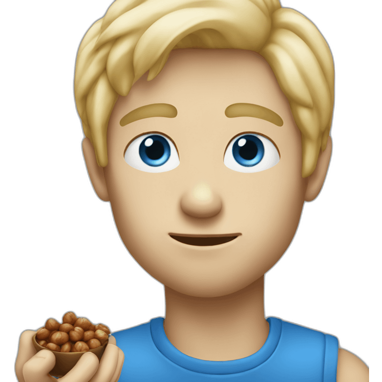 Blond man blue eyes eating big hazelnut emoji