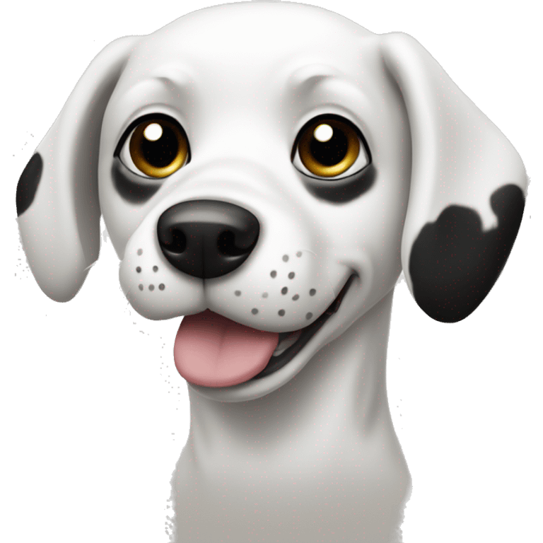 white dog with black spots and black face with white strip between eyes emoji