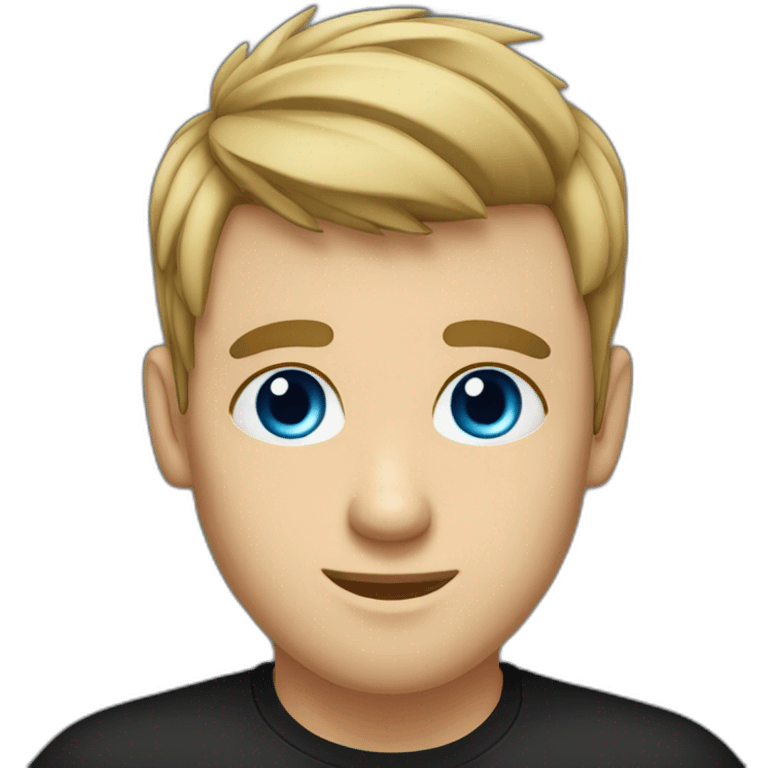 a guy with blue eyes, dark hair and bangs with a top-knot hair cut in a black t-shirt emoji