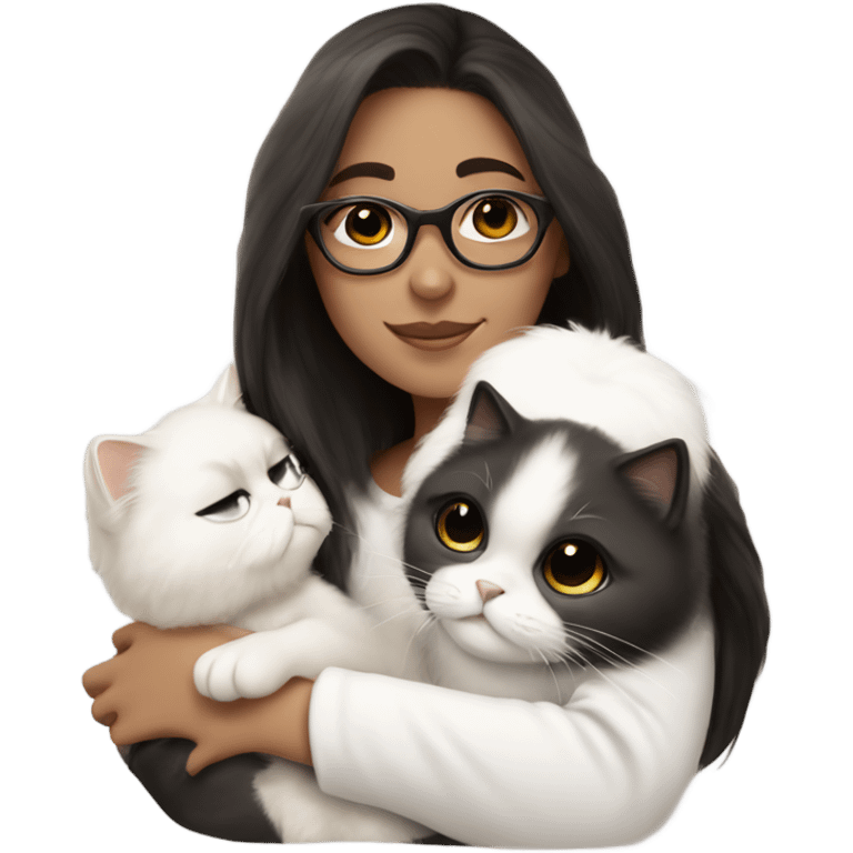 brunette girl with black glasses snuggling white Persian cat emoji