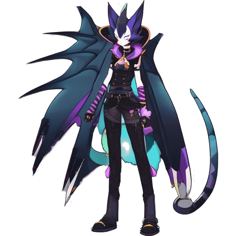 cool punk kawaii anime edgy distinguished pretty elegant beautiful fantasy black ethereal nargacuga-Noivern-sphynx-Quiana-Fakemon collar harness belt pouches full body emoji