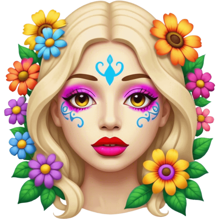 psychedelic colored lips surrounded by hippie style flowers emoji