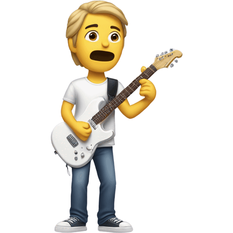 White guy holding an electric guitar in 2 pieces, the neck in his left hand, the body in his right, with a confused face emoji