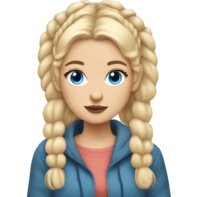 Girl, cozy, half up blonde hair with space buns, blue eyes, blanked emoji