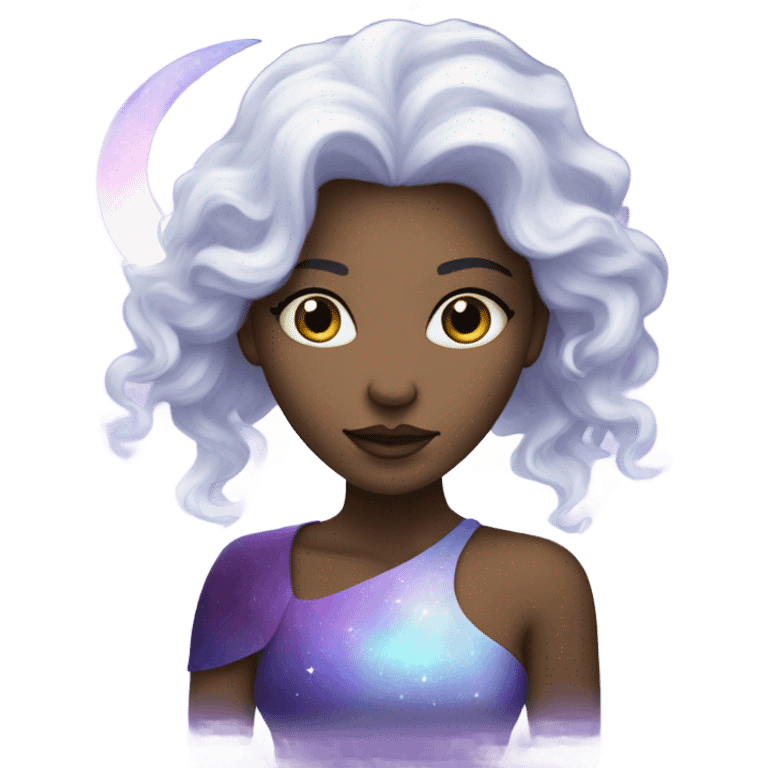 white mystical woman with mystical sparkling galaxy hair with moon and stars in purple and blue shades emoji