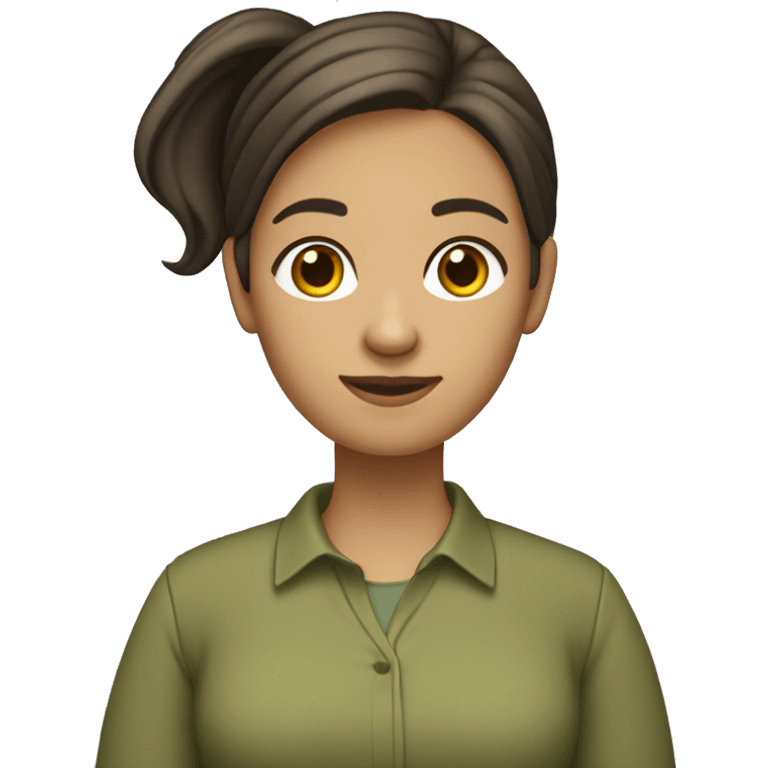 one teacher that has a laptop, no glasses, really dark brown hair in a ponytail. medium skin tone, a olive green shirt. emoji