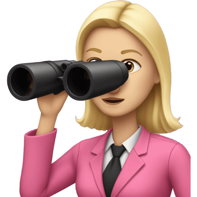 white female employee with loose blonde hair wearing intensive color pink suit looking in binoculars emoji