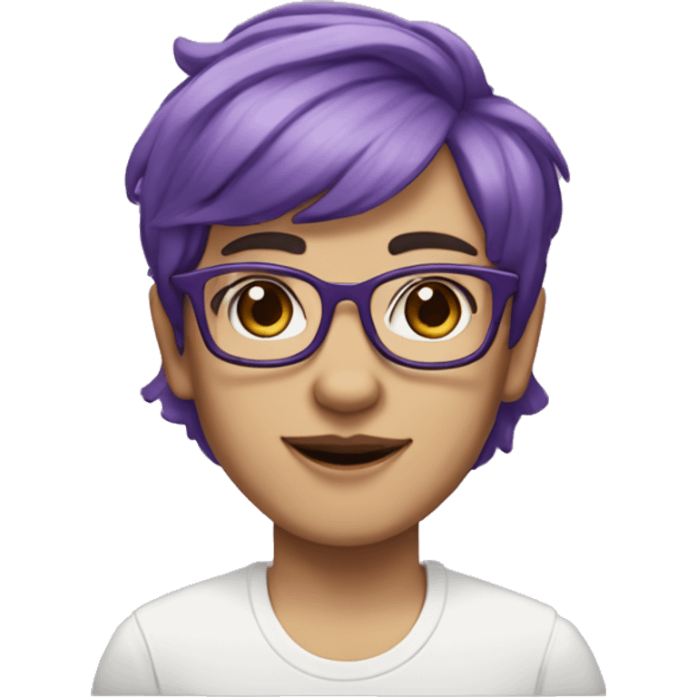 Non binary person with white skin, square glasses, purple hair in a short pixi mullet, brown eyes and a smile  emoji