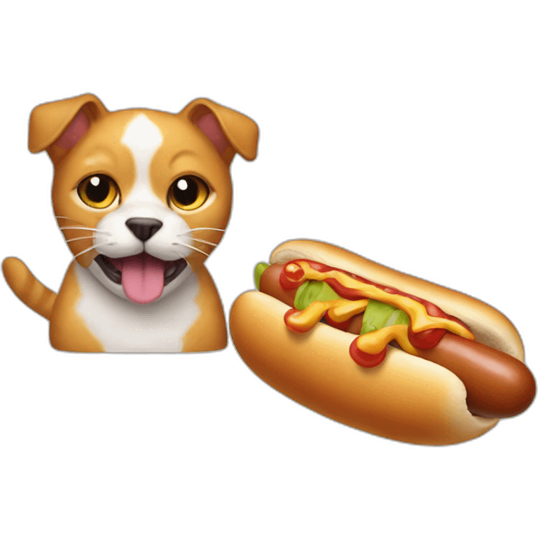 Cat eating a dog dresssed like a hot dog emoji