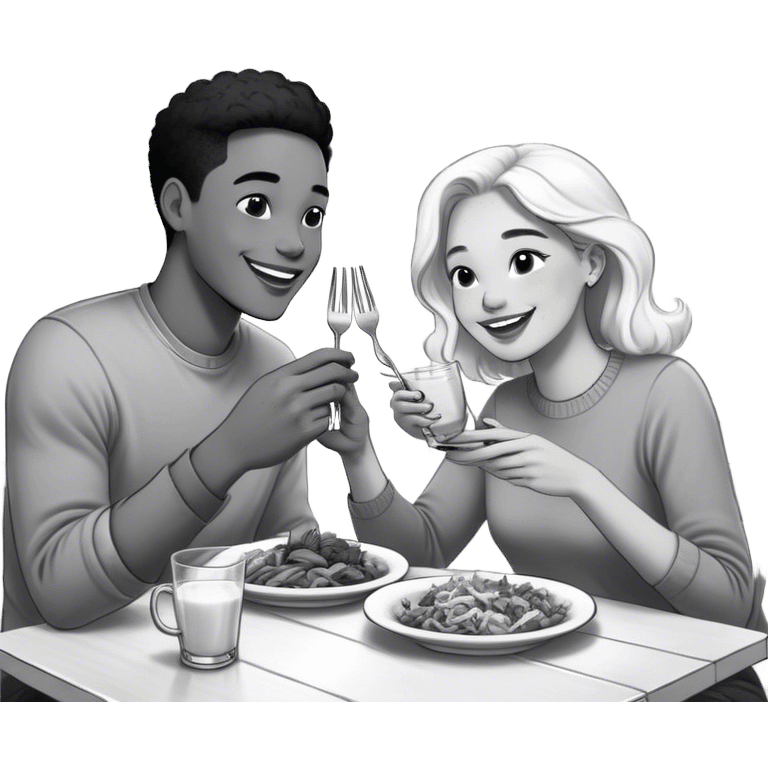 NOTO, A hand-drawn, black-and-white digital illustration in a playful, cartoonish style, A happy couple sits together at a cozy table, enjoying a meal and drinks. They have warm, joyful expressions as they engage in conversation. One holds a fork with a bite of food, while the other lifts a glass for a sip. The meal is inviting, with plates of delicious food and drinks adding to the atmosphere. The background remains minimal, ensuring the focus stays on the couple and their shared moment emoji