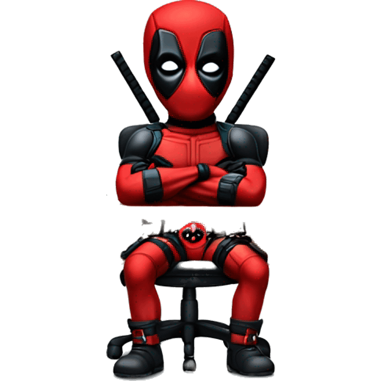 Cute Deadpool sitting at a desk, front view emoji