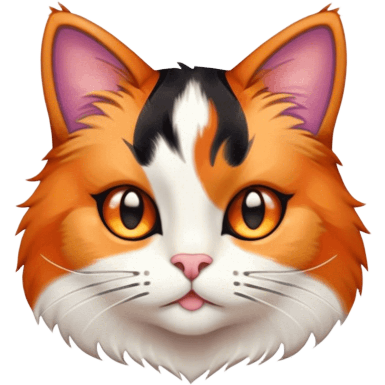 Cinematic Cute Calico Cat Portrait Emoji, Head tilted playfully with sparkling, inquisitive eyes and a charming patchwork fur of orange, black, and white, simplified yet irresistibly adorable, highly detailed, glowing with a warm, inviting glow, high shine, bubbly and affectionate, styled with a touch of whimsical feline charm, soft glowing outline, capturing the essence of a delightfully cute calico cat that looks as if it could prance off the screen into your heart! emoji