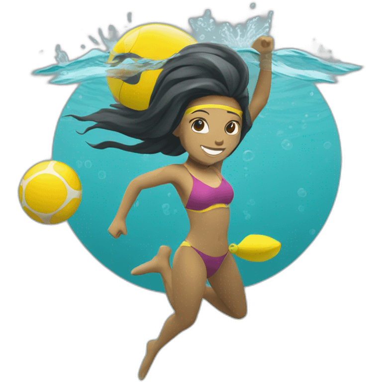 Underwater woman, swimming with fins, snorkel equipement, holding a small yellow ball, looking strong and fighting emoji