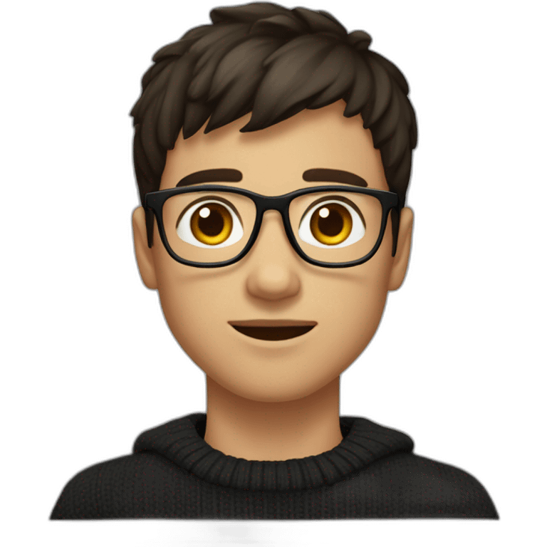 A young man with dark brown hair half-long on top and shorter on the sides with a bang. He has square glasses. He has a black sweater. He also has dark brown eyes emoji