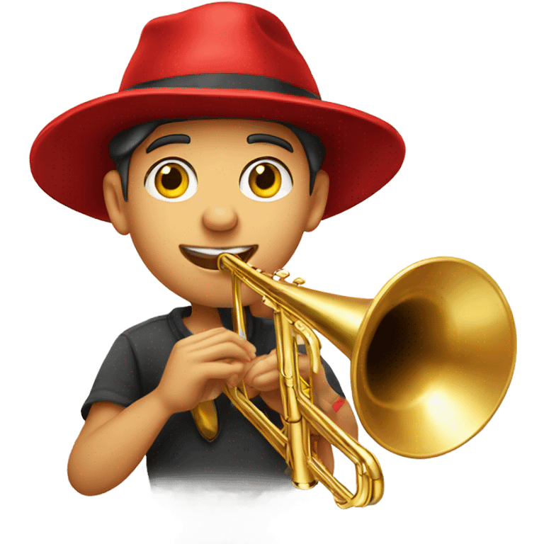 handsome boy in red hat playing trombone emoji