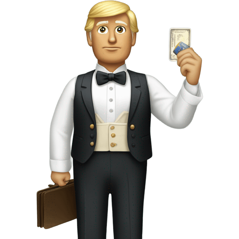 trump waiter Victorian dress elegant full body, holding big credit card emoji