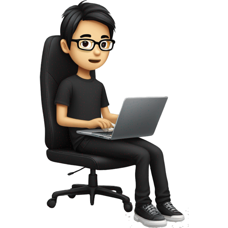 asian boy with glasses, long long straight hair, wearing black clothes , working on his laptop seating on a gaming chair emoji