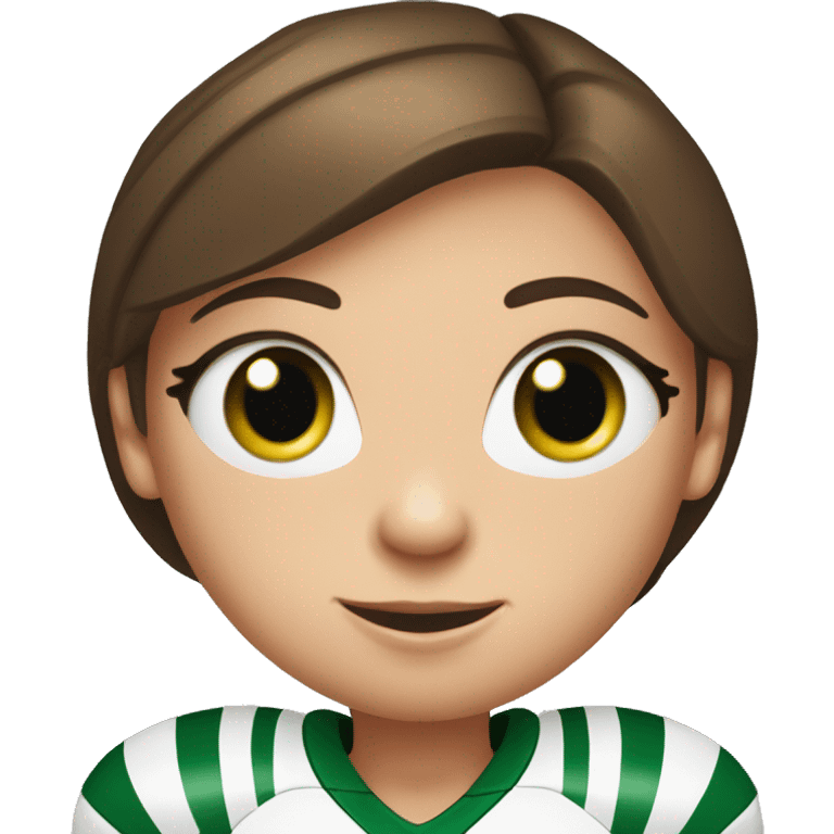 white girl wit dark brown hair in ponytail, green eyes, wearing  football jersey and holding a football.  emoji