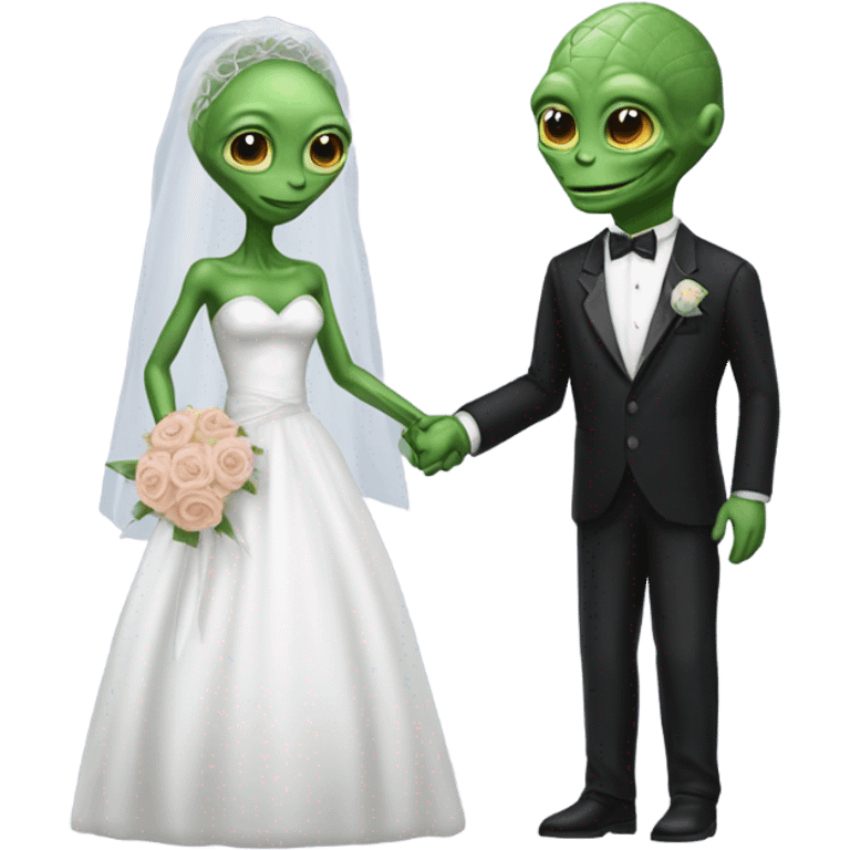 Alien reprilian woman in wedding dress, and one humman man in a tuxedo holding hands getting married emoji