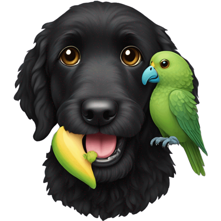 Black labradoodle with parakeet in mouth emoji