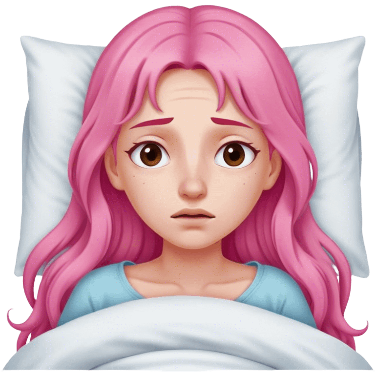 Young Woman with long pink hair In bed with sinus pain  emoji