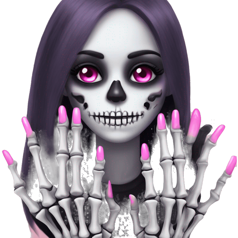 Pretty skeleton 5 fingers hand with pink nails manicure girly design but stylish minimalistic emoji