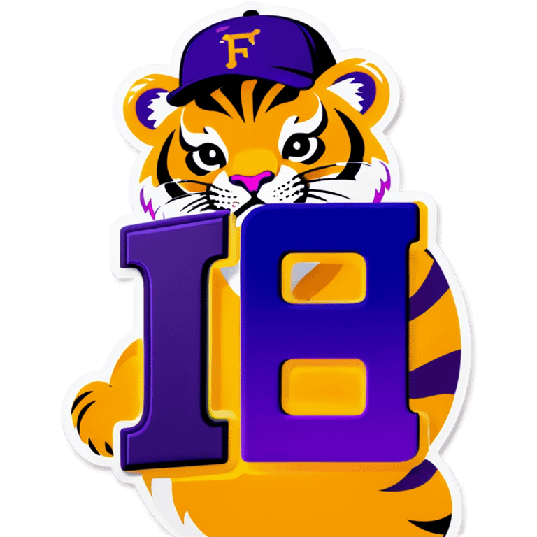 Purple and gold tiger with baseball hat on with letter F  emoji