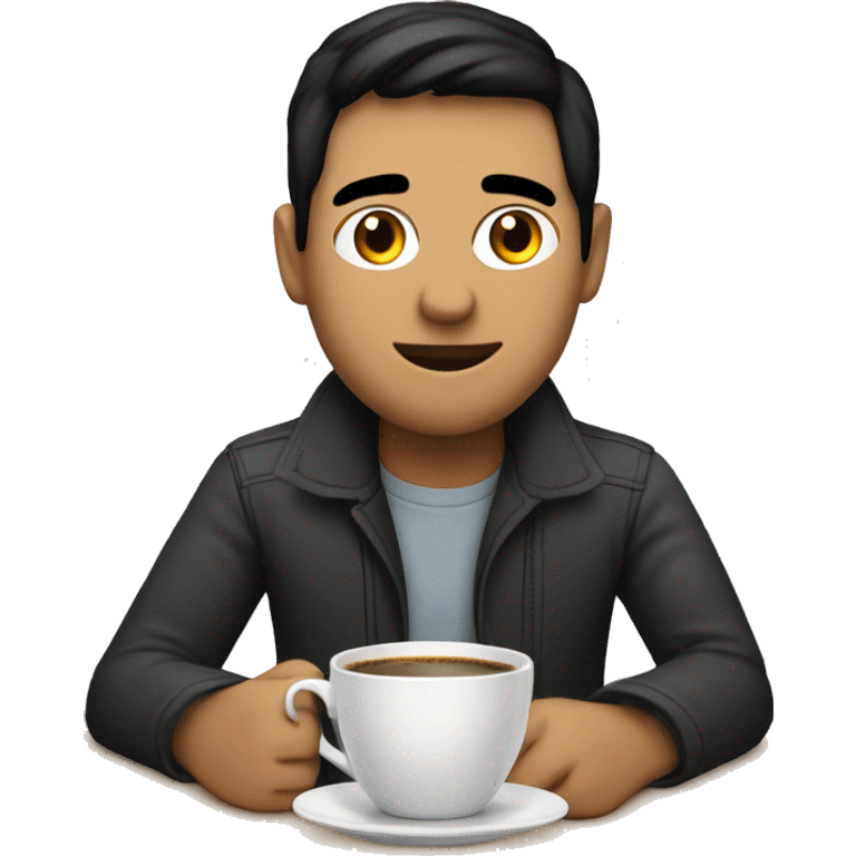 programmer with black hair programming in his mac, having coffee as well emoji