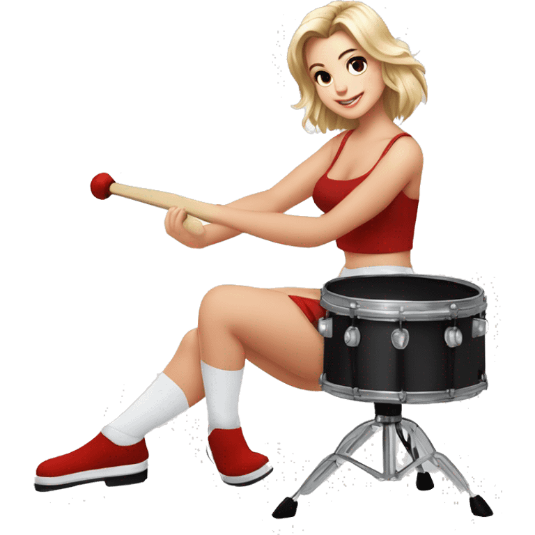 alistic full body caucasian curvy beauty short black skirt front view knickers long white socks sitting playing red drumkit emoji