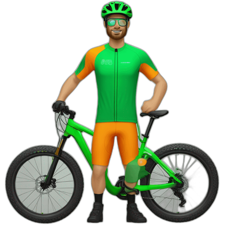 Mountain biker con bicicleta de color verde, pantalones de color negro, y camiseta de color naranja, sin mochila, y corriendo a mucha velocidad emoji