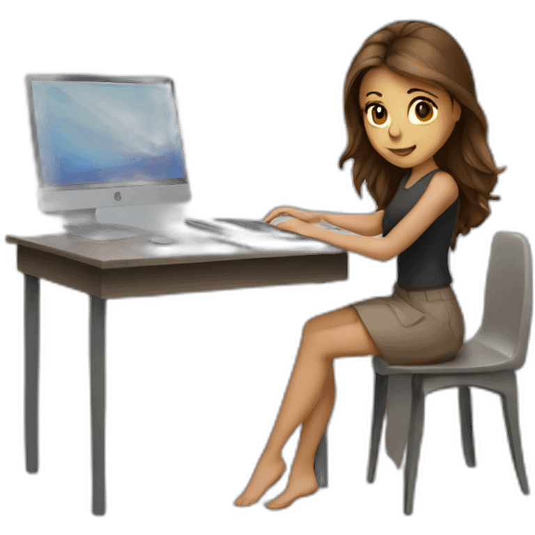 Beautiful programmer girl with brown hair working with MacBook emoji