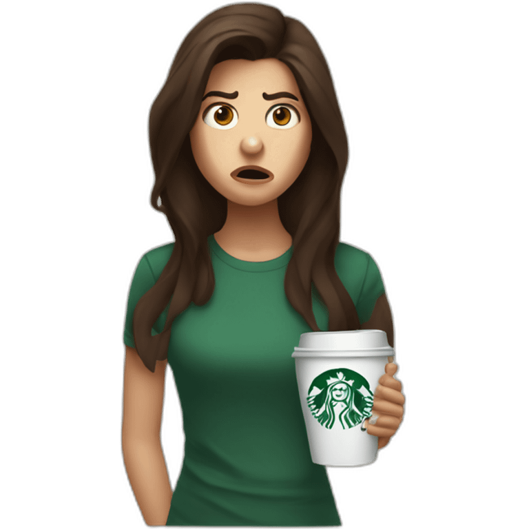 upset angry stressed anxious brunette girl holding starbucks emoji