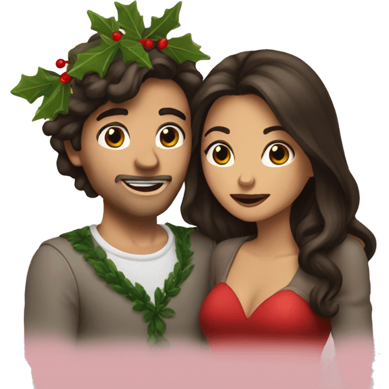 Brunette couple mistletoe kiss emoji