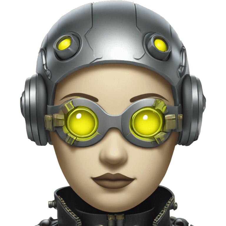 Fat Caucasian female cyborg head with Neon yellow bobbed hair, silver steampunk goggles and circuits emoji