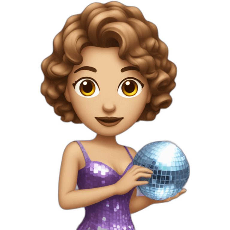 female with brown wavy hair dressed in a party dress and disco ball emoji