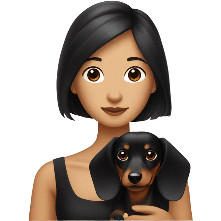 Long-haired dachshund with black-haired Asian girl wearing black dress emoji